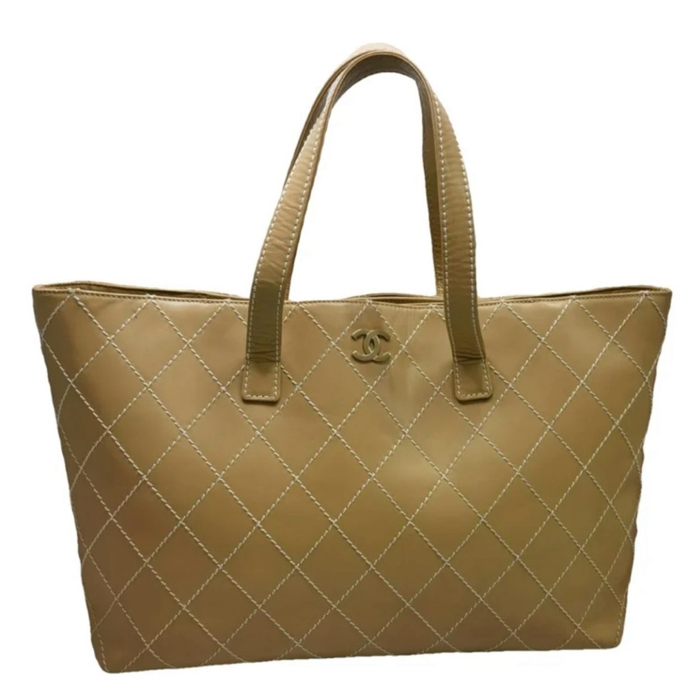 CHANEL Wild Stitch Quilted Beige Calf Skin Tote Bag.